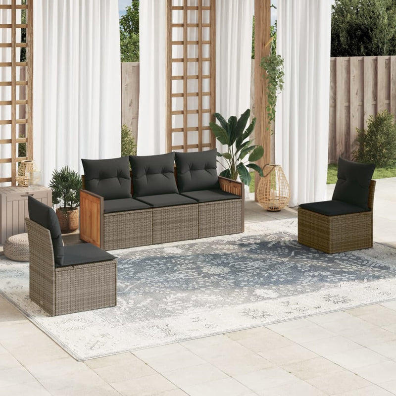 5 Piece Garden Sofa Set with Cushions Grey Poly Rattan