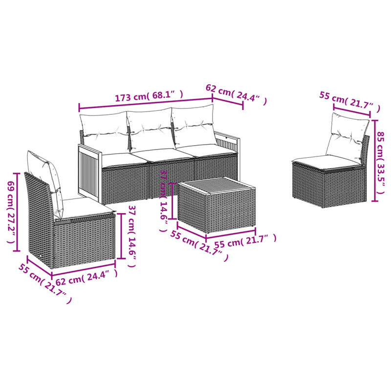 vidaXL 6 Piece Garden Sofa Set with Cushions Grey Poly Rattan