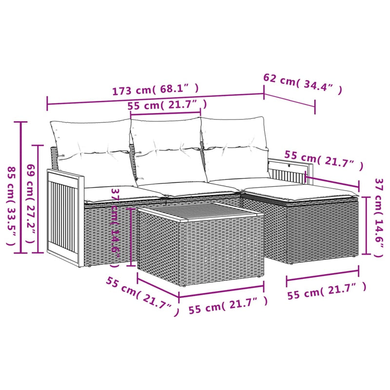 5 Piece Garden Sofa Set with Cushions Grey Poly Rattan