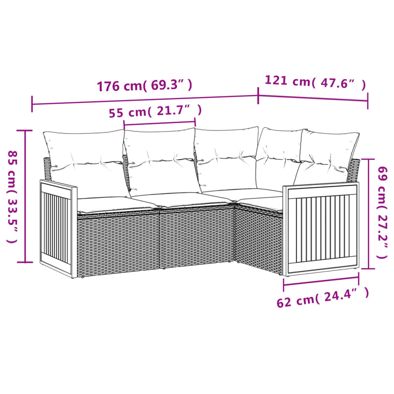 vidaXL 4 Piece Garden Sofa Set with Cushions Grey Poly Rattan