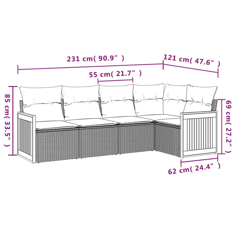 5 Piece Garden Sofa Set with Cushions Grey Poly Rattan