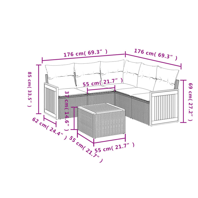 vidaXL 6 Piece Garden Sofa Set with Cushions Grey Poly Rattan