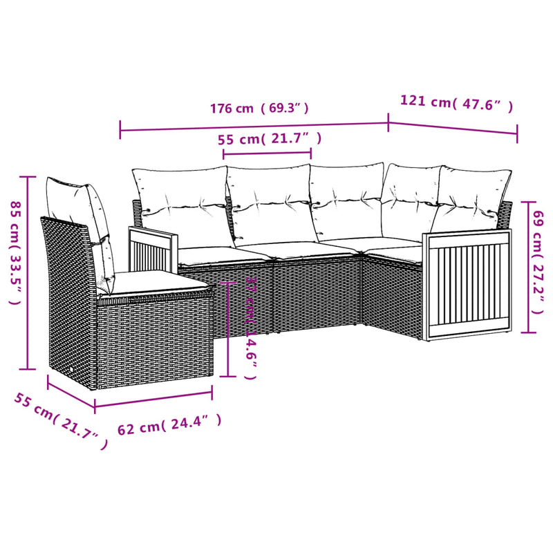 vidaXL 5 Piece Garden Sofa Set with Cushions Grey Poly Rattan