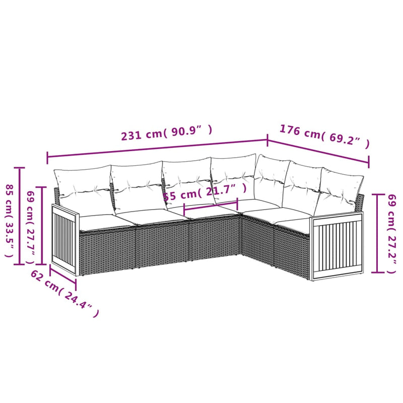 vidaXL 6 Piece Garden Sofa Set with Cushions Grey Poly Rattan