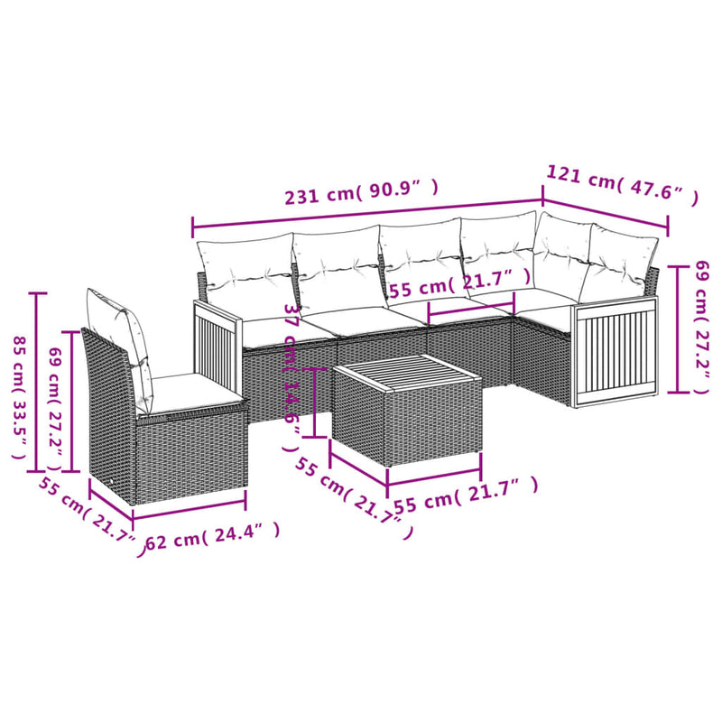 vidaXL 7 Piece Garden Sofa Set with Cushions Grey Poly Rattan