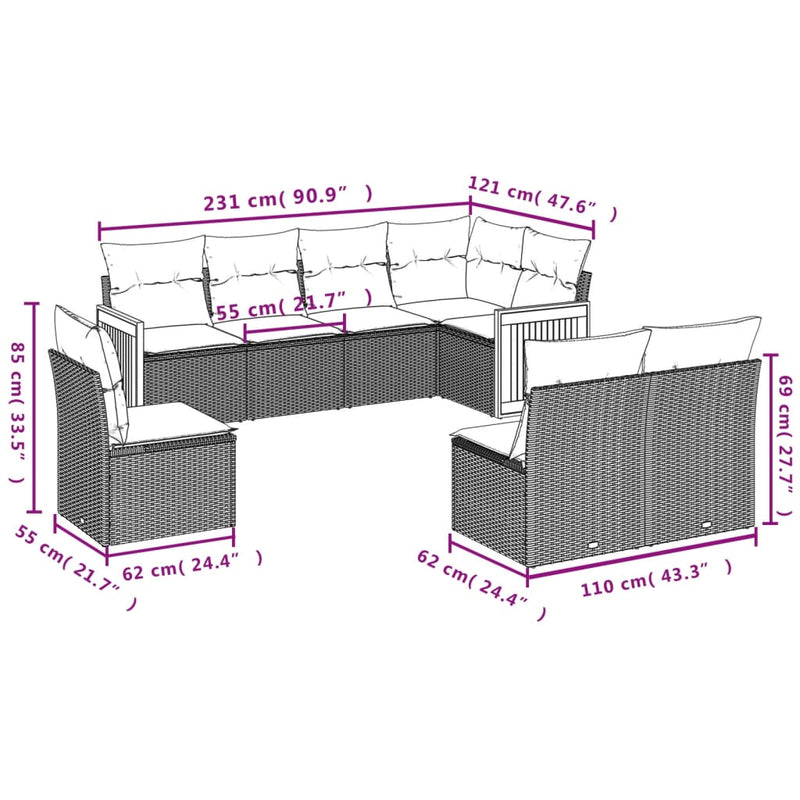 vidaXL 8 Piece Garden Sofa Set with Cushions Grey Poly Rattan