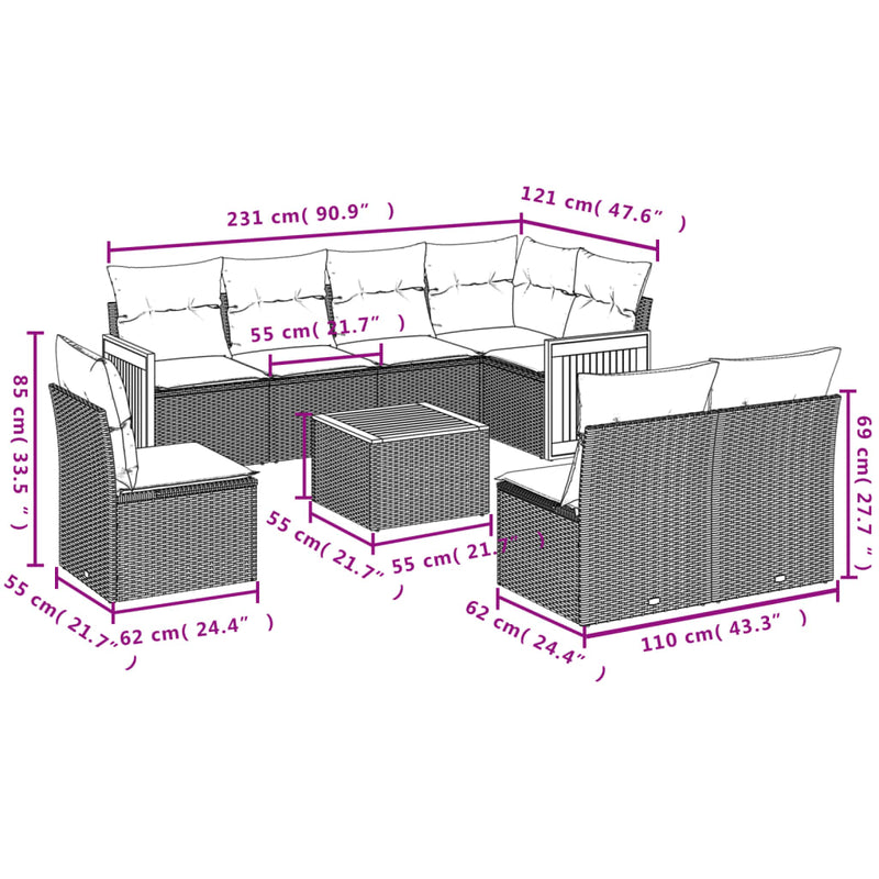 vidaXL 9 Piece Garden Sofa Set with Cushions Grey Poly Rattan
