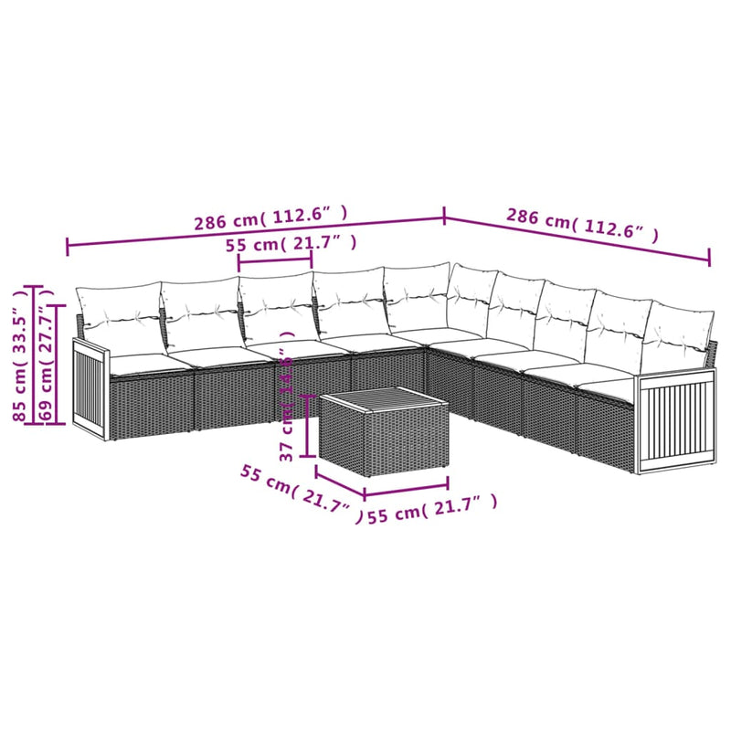 vidaXL 10 Piece Garden Sofa Set with Cushions Grey Poly Rattan
