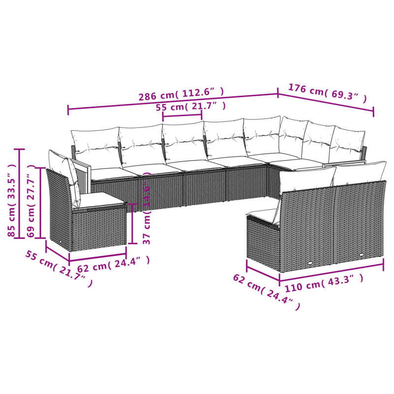 10 Piece Garden Sofa Set with Cushions Grey Poly Rattan