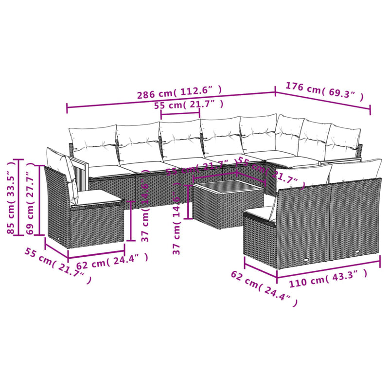 vidaXL 11 Piece Garden Sofa Set with Cushions Grey Poly Rattan