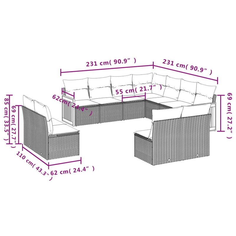 vidaXL 11 Piece Garden Sofa Set with Cushions Grey Poly Rattan