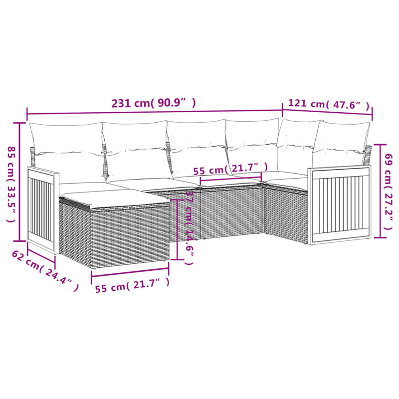 vidaXL 6 Piece Garden Sofa Set with Cushions Grey Poly Rattan