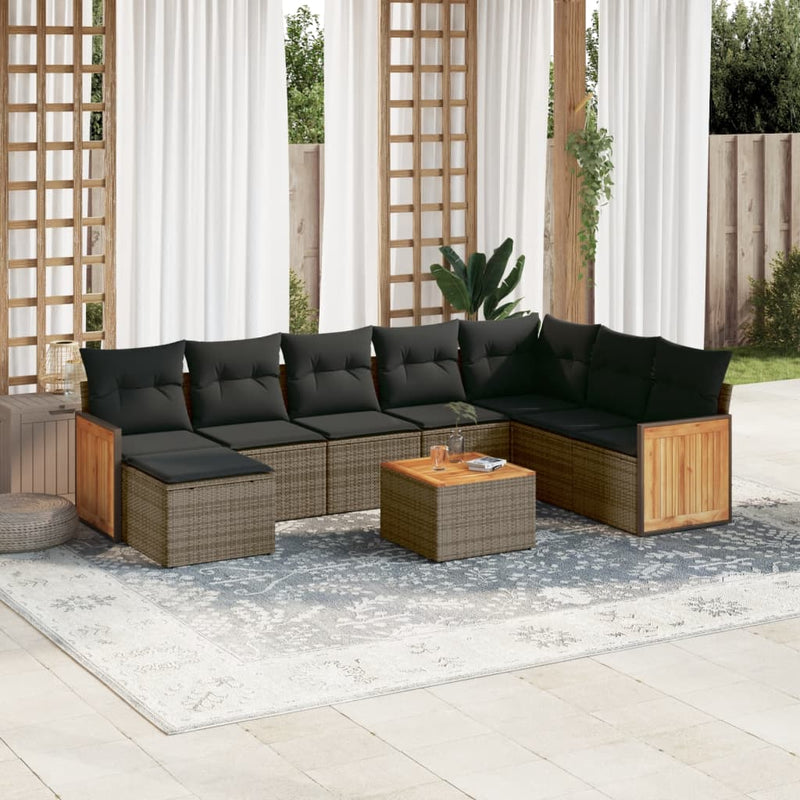 9 Piece Garden Sofa Set with Cushions Grey Poly Rattan