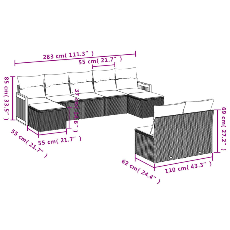 vidaXL 9 Piece Garden Sofa Set with Cushions Grey Poly Rattan