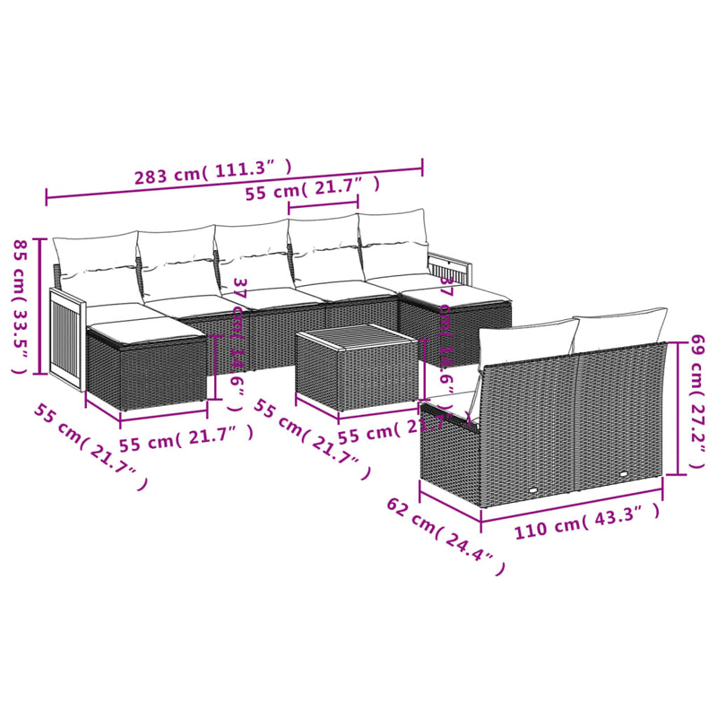 vidaXL 10 Piece Garden Sofa Set with Cushions Grey Poly Rattan