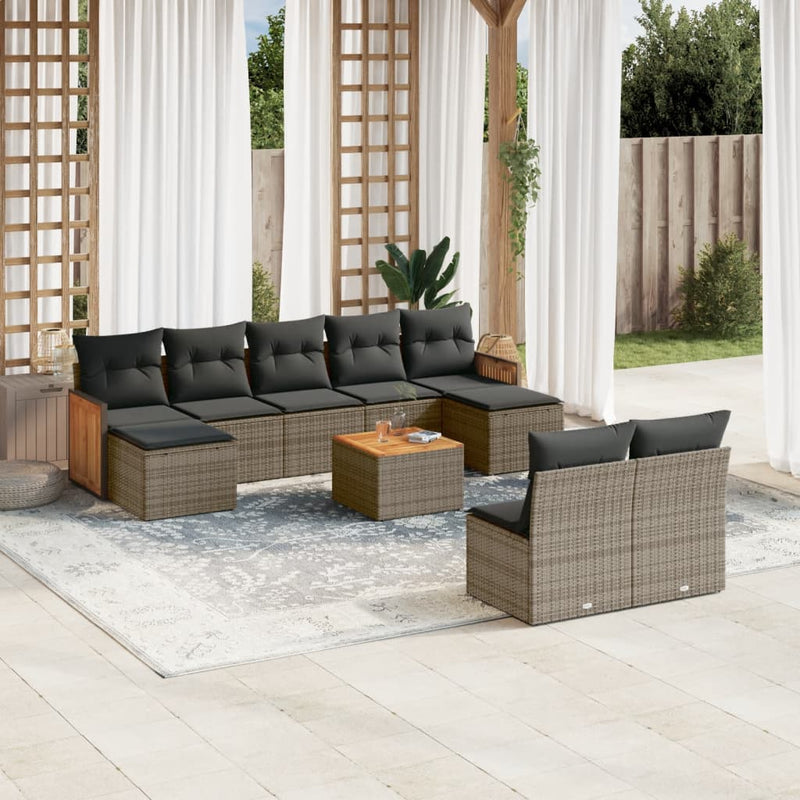 10 Piece Garden Sofa Set with Cushions Grey Poly Rattan