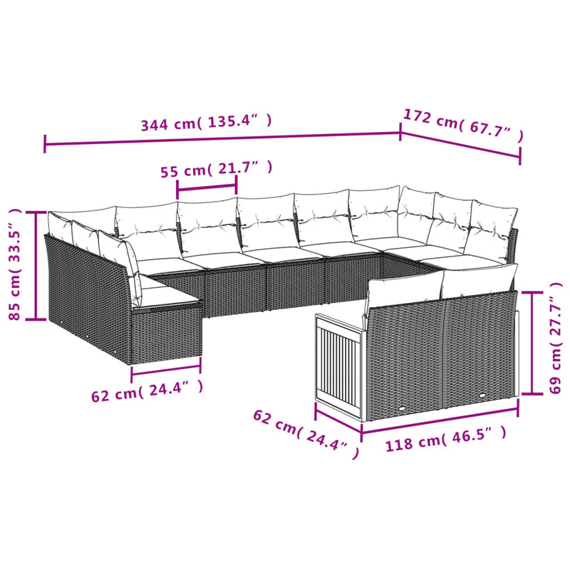 vidaXL 12 Piece Garden Sofa Set with Cushions Grey Poly Rattan