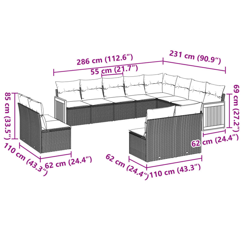 vidaXL 12 Piece Garden Sofa Set with Cushions Grey Poly Rattan