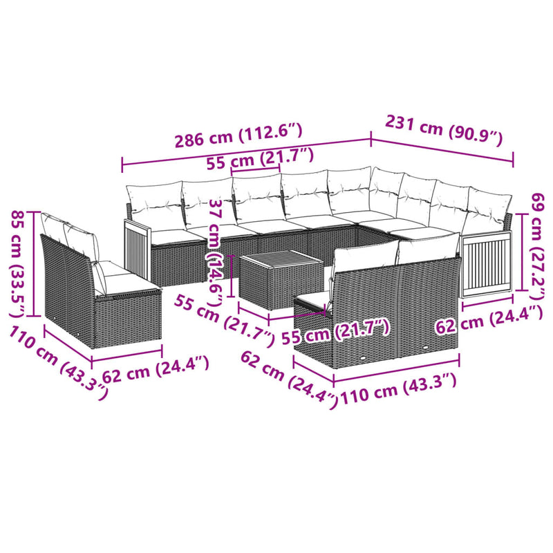 vidaXL 13 Piece Garden Sofa Set with Cushions Grey Poly Rattan