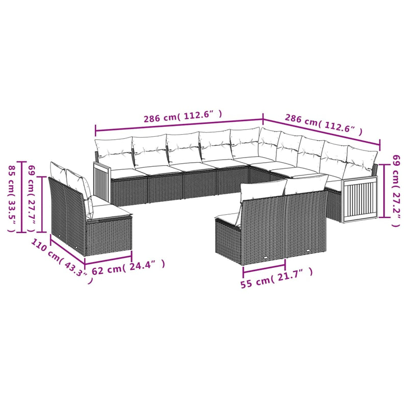 vidaXL 13 Piece Garden Sofa Set with Cushions Grey Poly Rattan