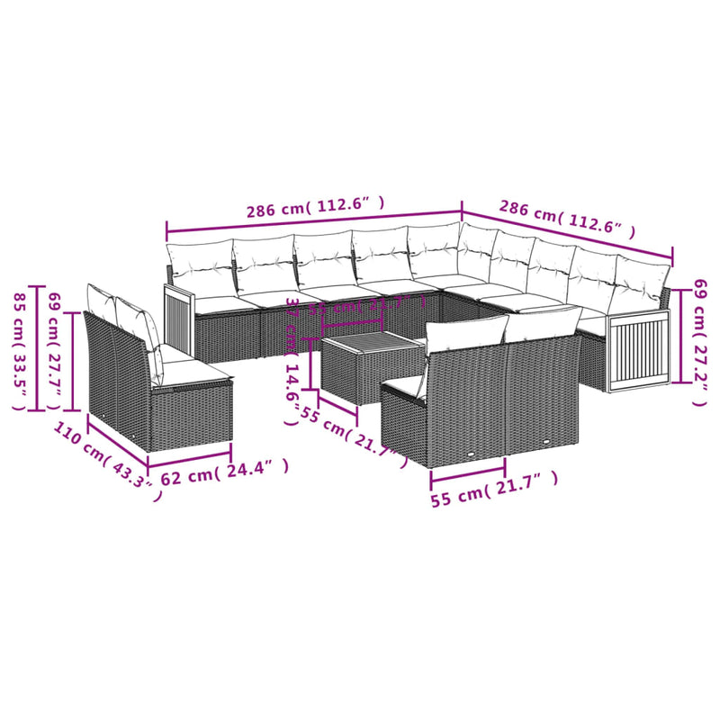 vidaXL 14 Piece Garden Sofa Set with Cushions Grey Poly Rattan