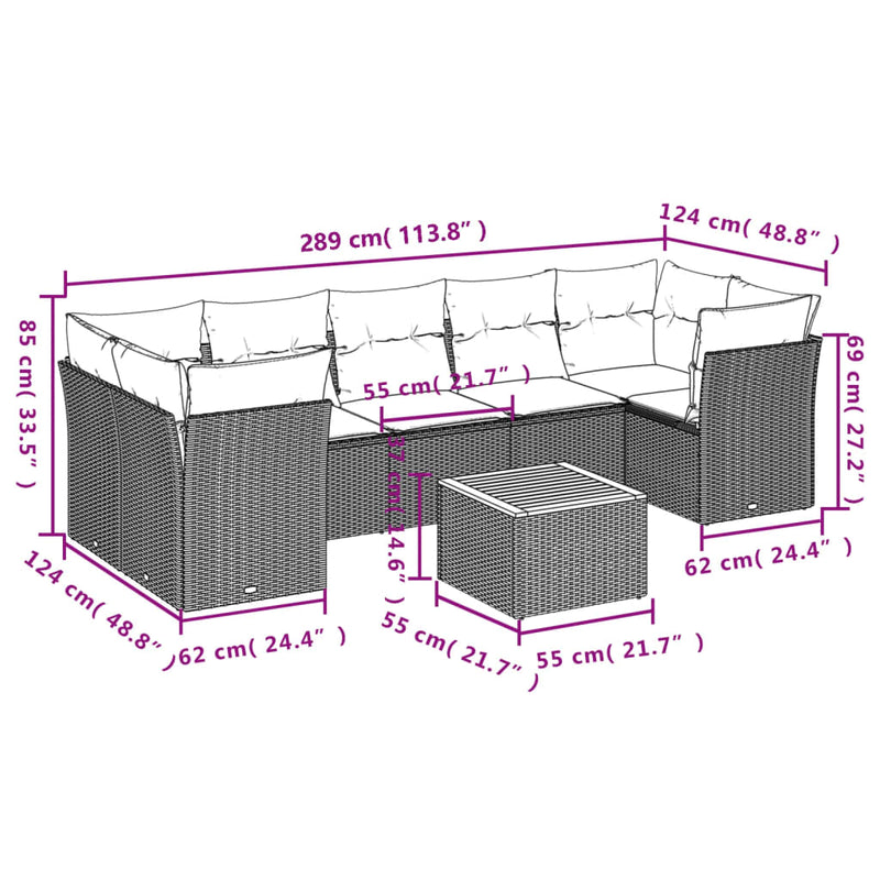 vidaXL 8 Piece Garden Sofa Set with Cushions Grey Poly Rattan