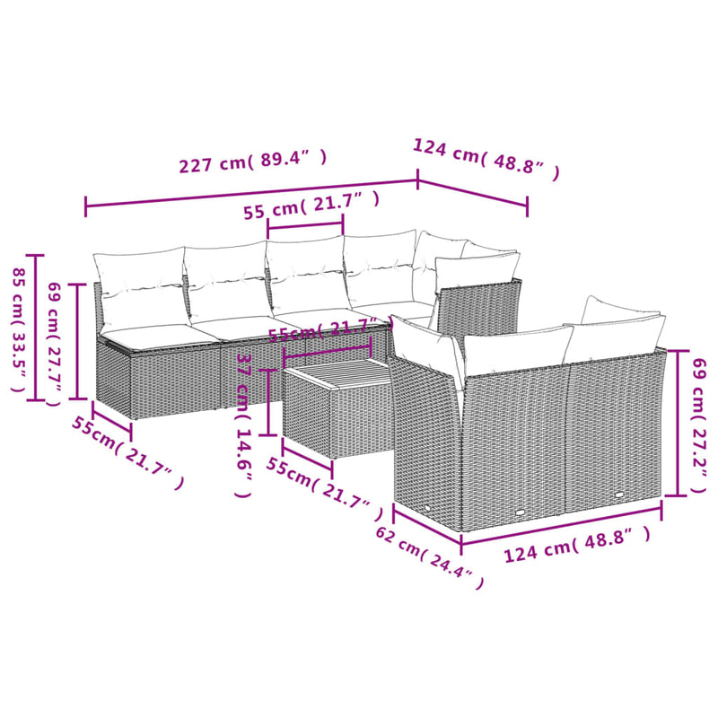 vidaXL 8 Piece Garden Sofa Set with Cushions Grey Poly Rattan
