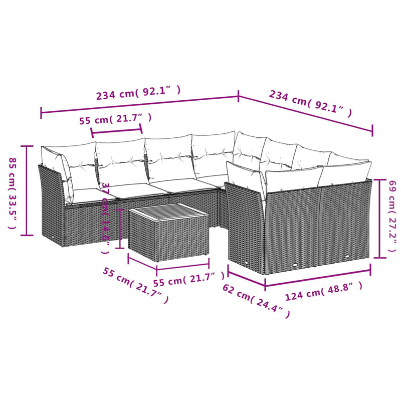 vidaXL 9 Piece Garden Sofa Set with Cushions Black Poly Rattan