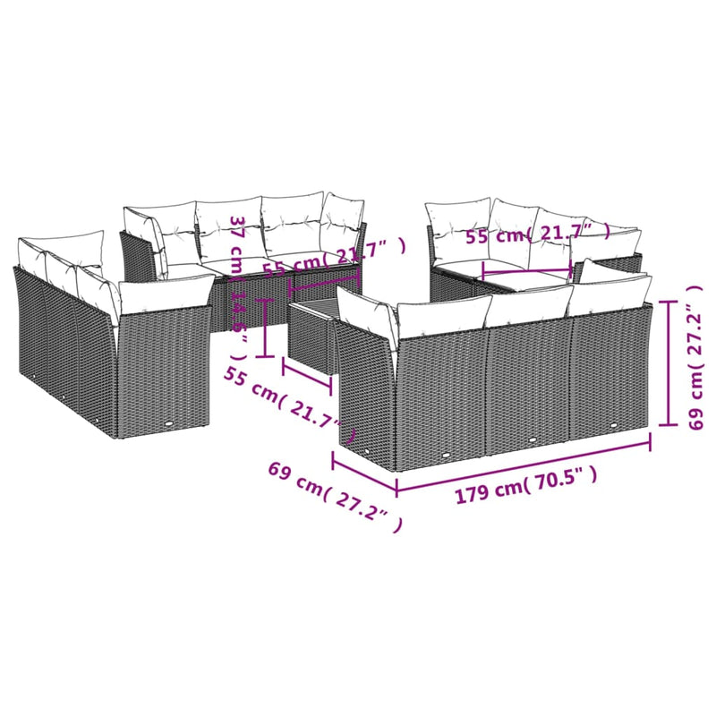 vidaXL 13 Piece Garden Sofa Set with Cushions Black Poly Rattan
