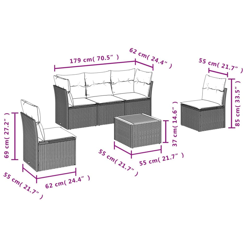 vidaXL 6 Piece Garden Sofa Set with Cushions Grey Poly Rattan