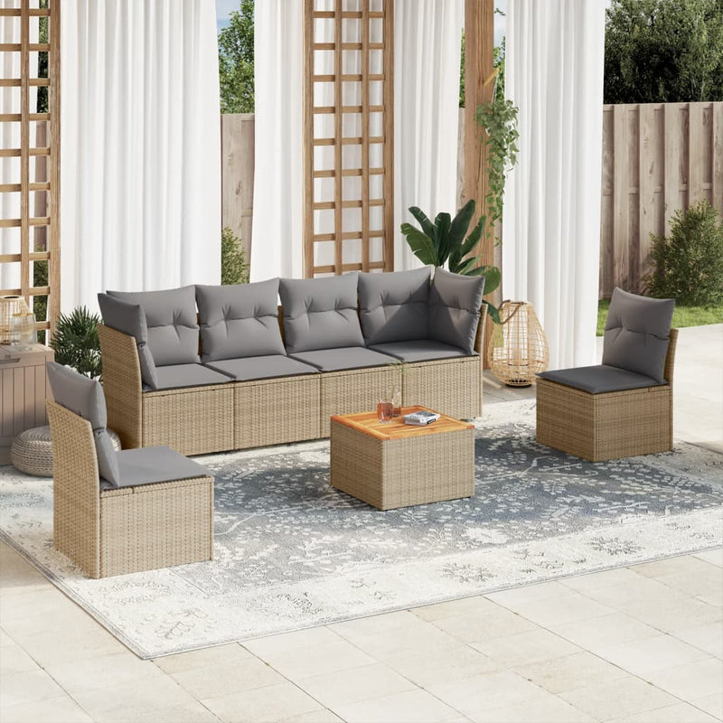 7 Piece Garden Sofa Set with Cushions Beige Poly Rattan