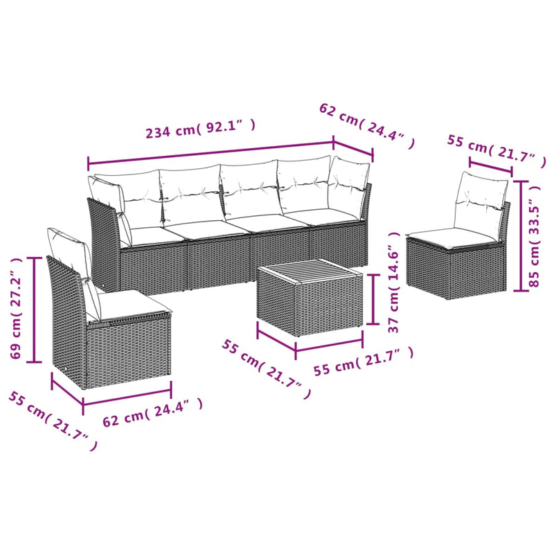 vidaXL 7 Piece Garden Sofa Set with Cushions Grey Poly Rattan