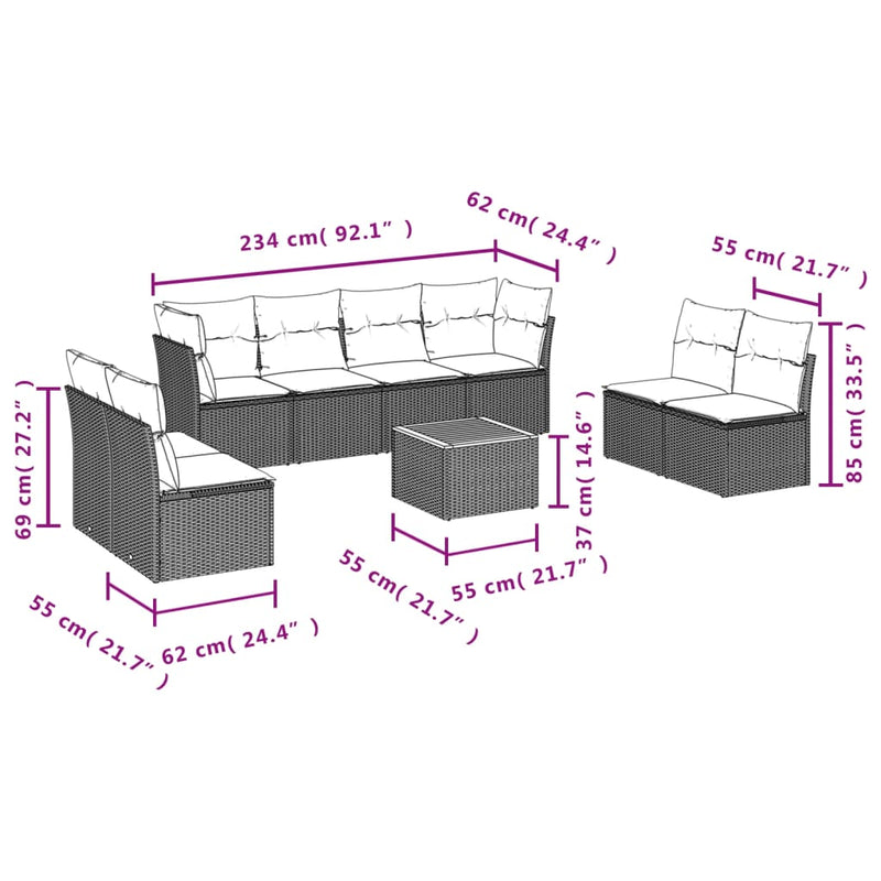vidaXL 9 Piece Garden Sofa Set with Cushions Grey Poly Rattan