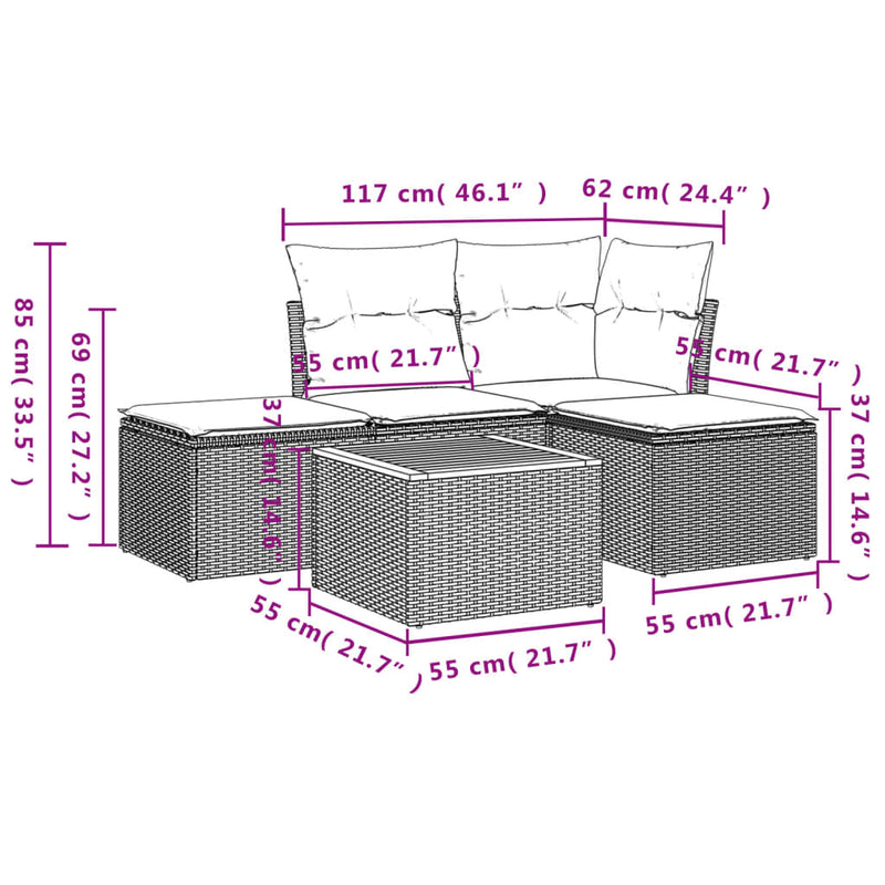 vidaXL 5 Piece Garden Sofa Set with Cushions Grey Poly Rattan
