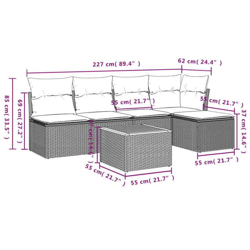 vidaXL 6 Piece Garden Sofa Set with Cushions Black Poly Rattan