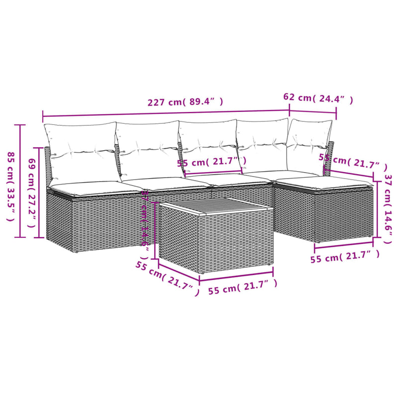 vidaXL 6 Piece Garden Sofa Set with Cushions Grey Poly Rattan