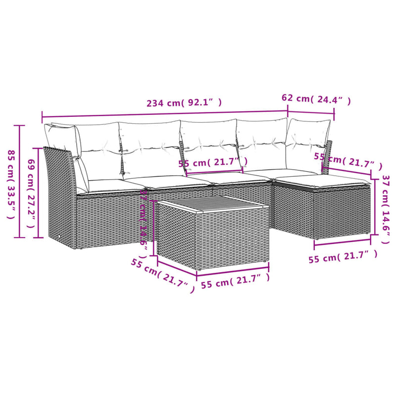 vidaXL 6 Piece Garden Sofa Set with Cushions Grey Poly Rattan