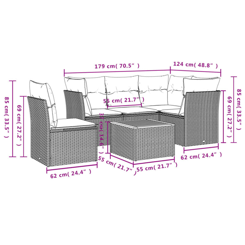 vidaXL 6 Piece Garden Sofa Set with Cushions Grey Poly Rattan
