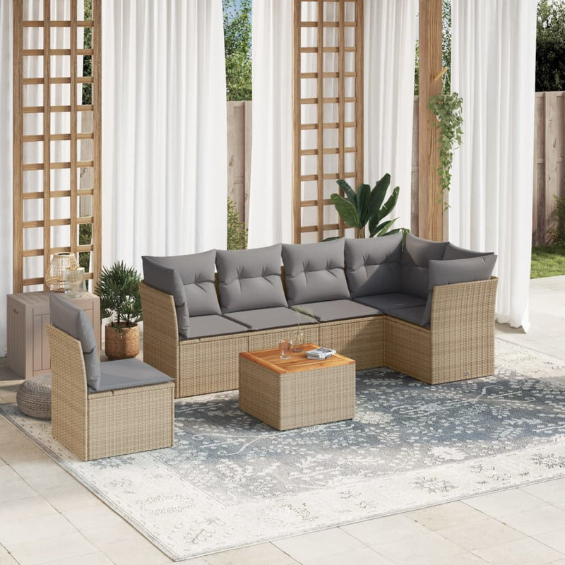 7 Piece Garden Sofa Set with Cushions Beige Poly Rattan