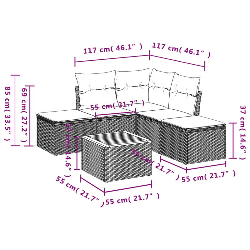 vidaXL 6 Piece Garden Sofa Set with Cushions Grey Poly Rattan