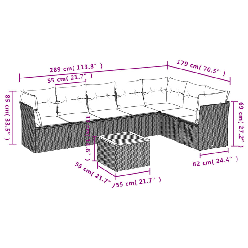 vidaXL 8 Piece Garden Sofa Set with Cushions Grey Poly Rattan