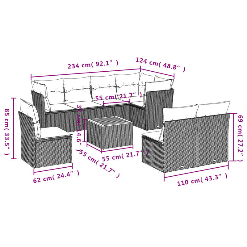 vidaXL 9 Piece Garden Sofa Set with Cushions Black Poly Rattan