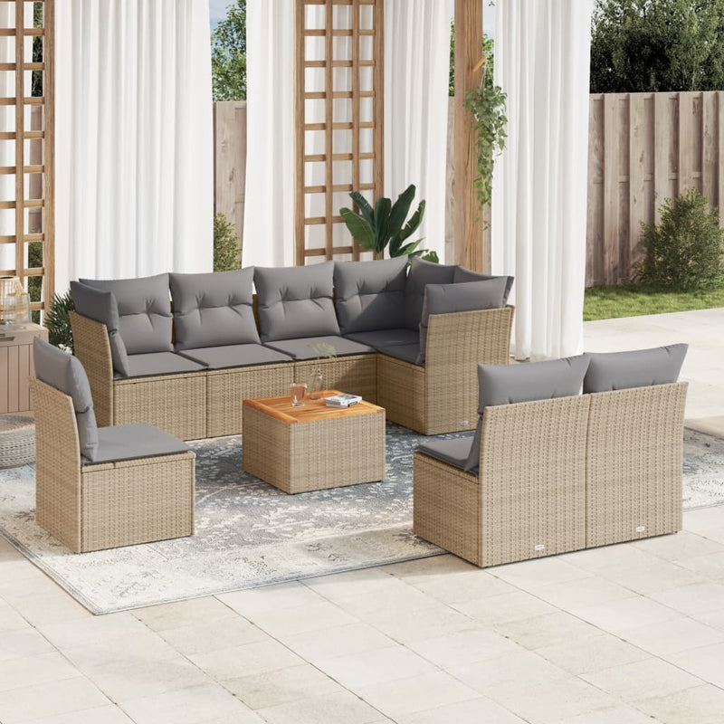 9 Piece Garden Sofa Set with Cushions Beige Poly Rattan