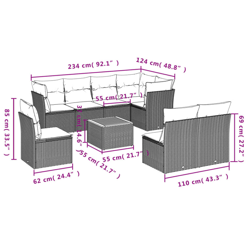 vidaXL 9 Piece Garden Sofa Set with Cushions Grey Poly Rattan