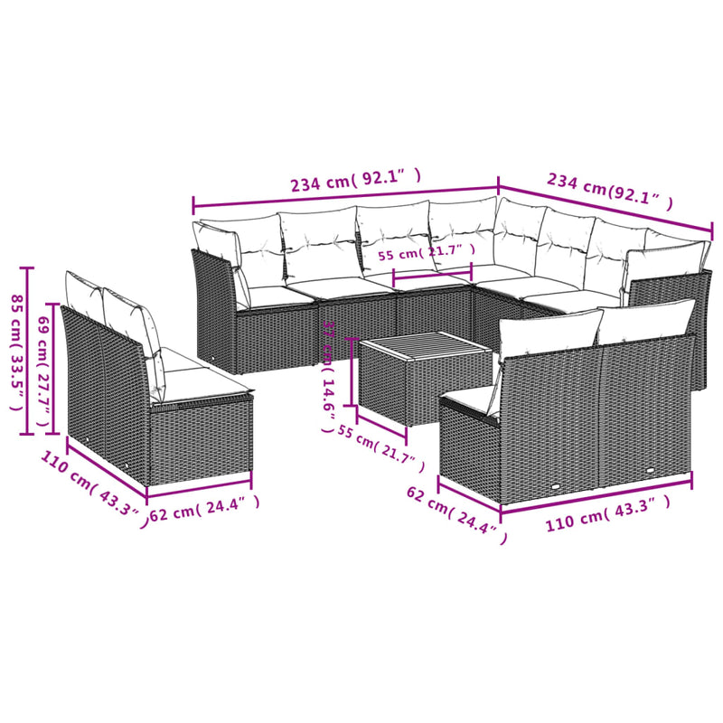 vidaXL 12 Piece Garden Sofa Set with Cushions Black Poly Rattan
