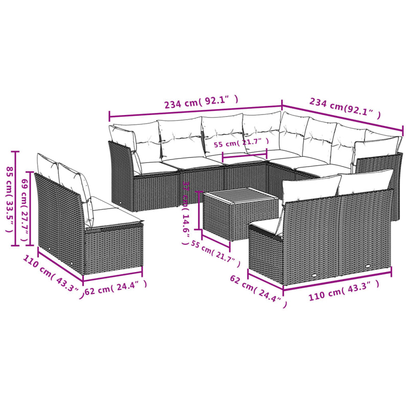 vidaXL 12 Piece Garden Sofa Set with Cushions Grey Poly Rattan