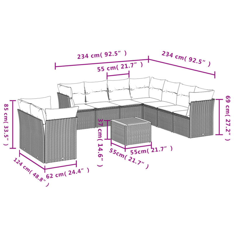 vidaXL 10 Piece Garden Sofa Set with Cushions Grey Poly Rattan