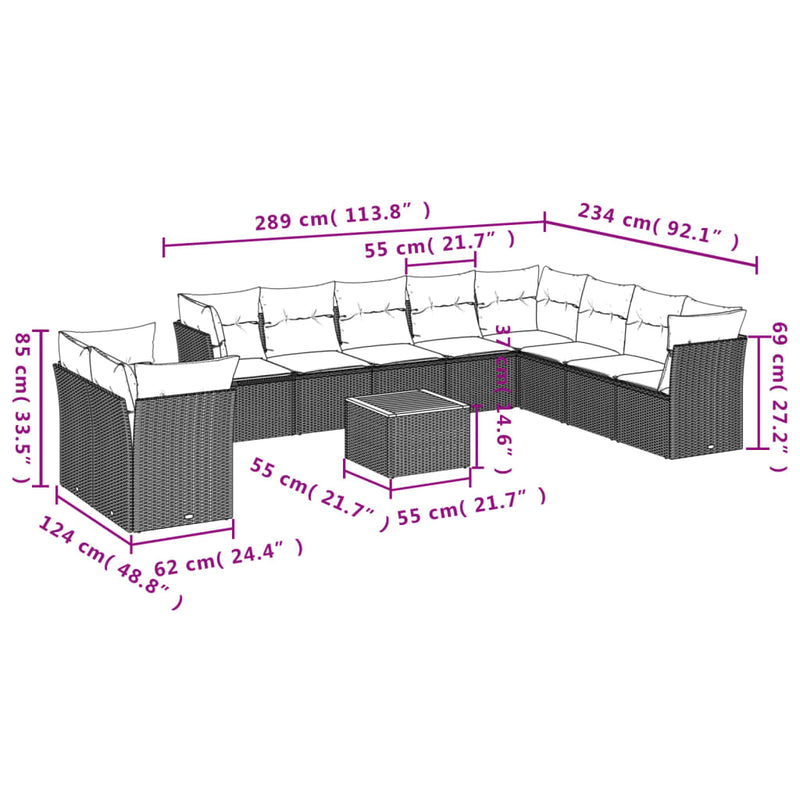 vidaXL 11 Piece Garden Sofa Set with Cushions Grey Poly Rattan