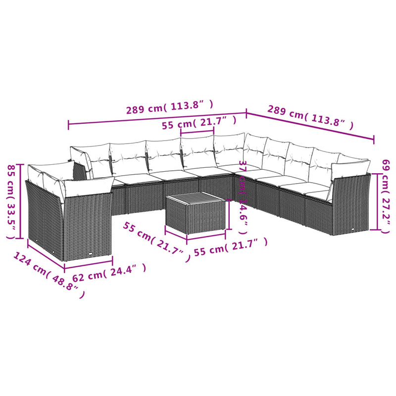 12 Piece Garden Sofa Set with Cushions Grey Poly Rattan