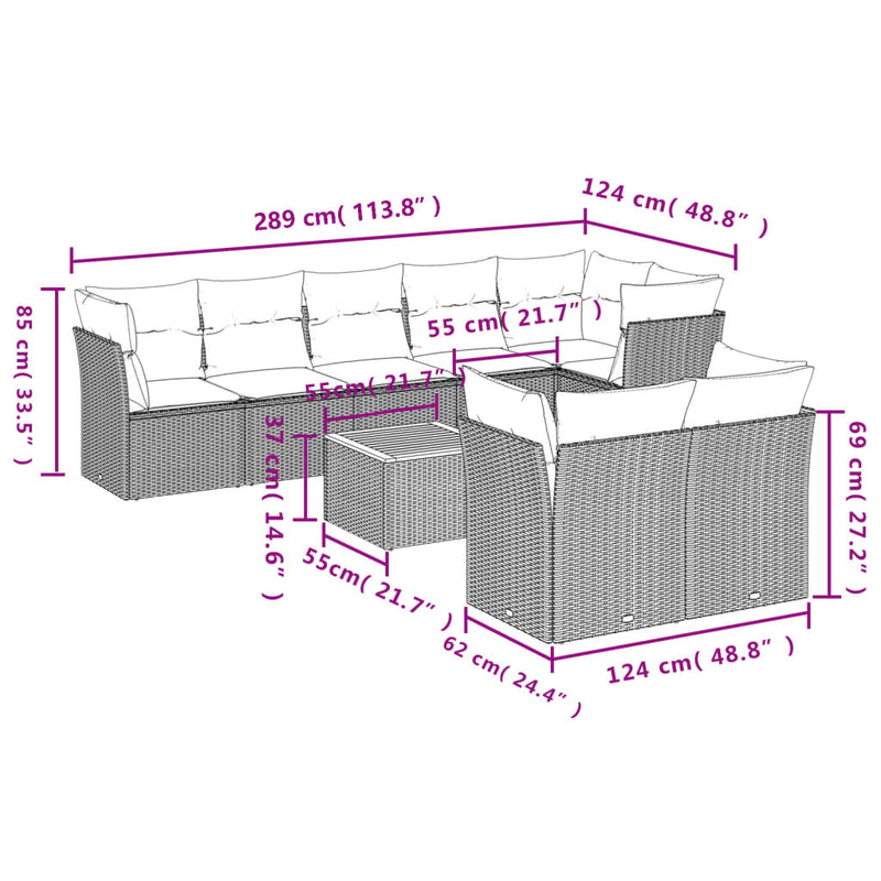 vidaXL 9 Piece Garden Sofa Set with Cushions Grey Poly Rattan